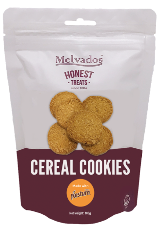 Cereal Cookies product label with ingredients, allergen information and nutrition information per 100g