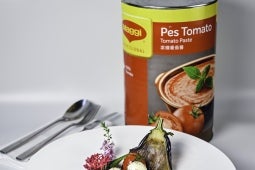 Roasted Aubergine with Trio Capsicum Potato in spicy plum tomato sauce
